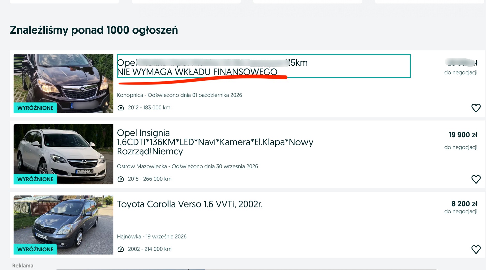 Oto przykład "odważnie" napisanego ogłoszenia: nie znamy tego konkretnego samochodu, ale sami nigdy byśmy nie zdecydowali się na taki tytuł ogłoszenia.