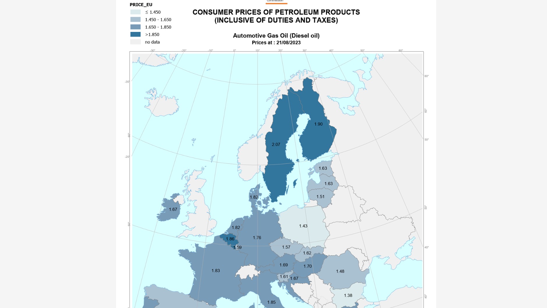 Oil weekly Bulletin KE – ceny  detaliczne oleju napędowego w różnych krajach, stan na 21/08/2023