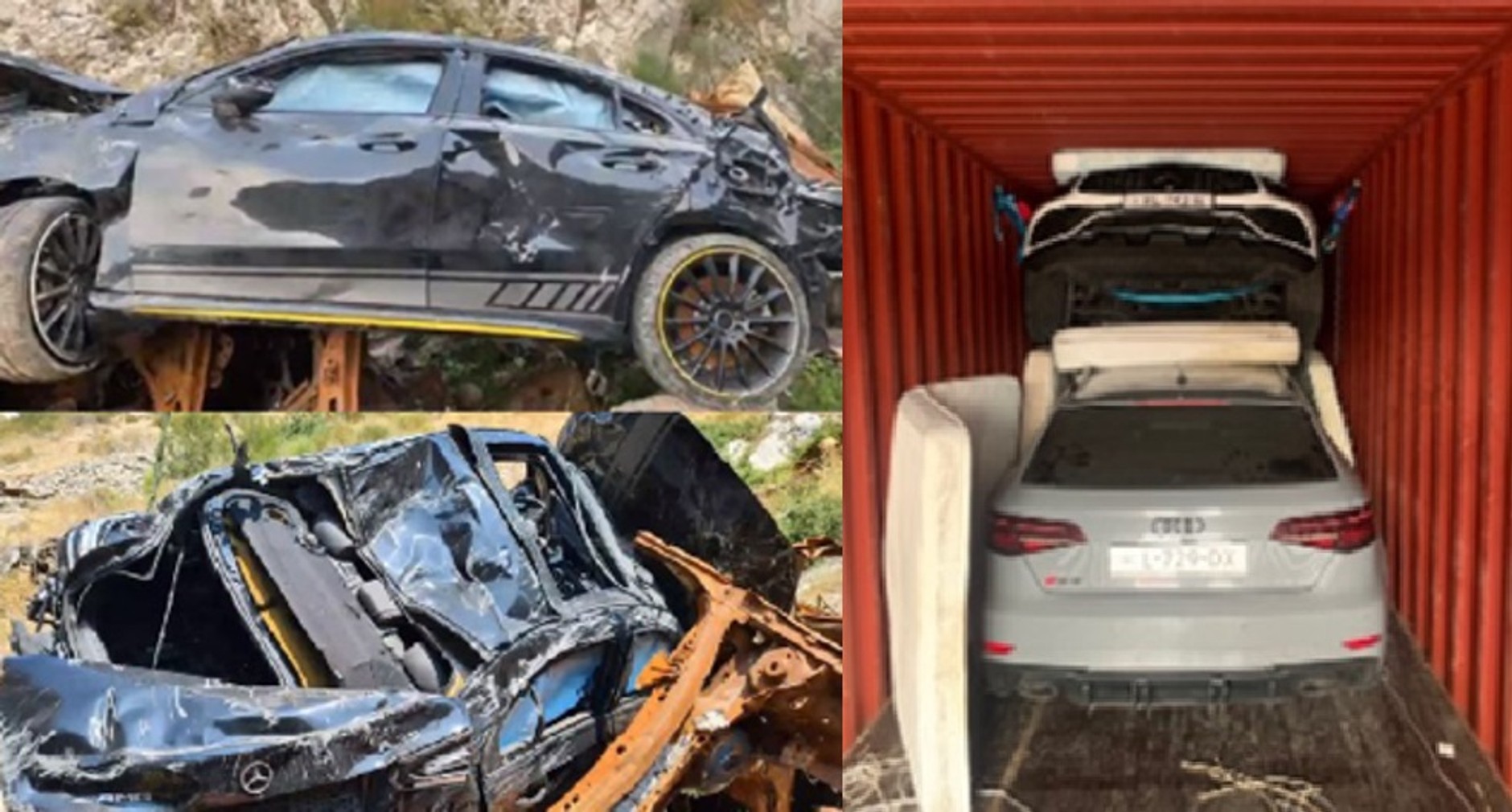 Rozbity Mercedes-AMG CLA 45 i Audi RS3 Sportback w kontenerze