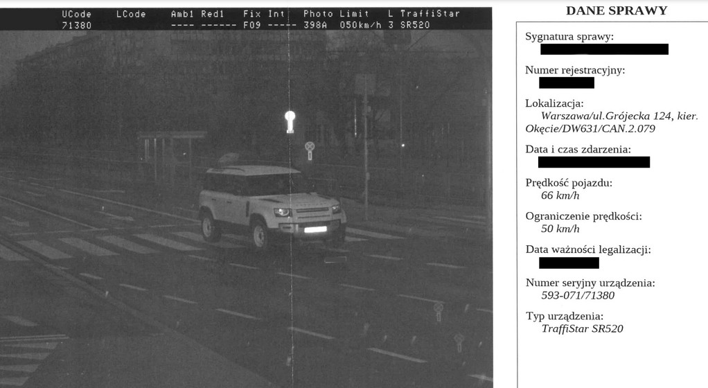 Zdjęcie wykroczenia zarejestrowanego przez fotoradar