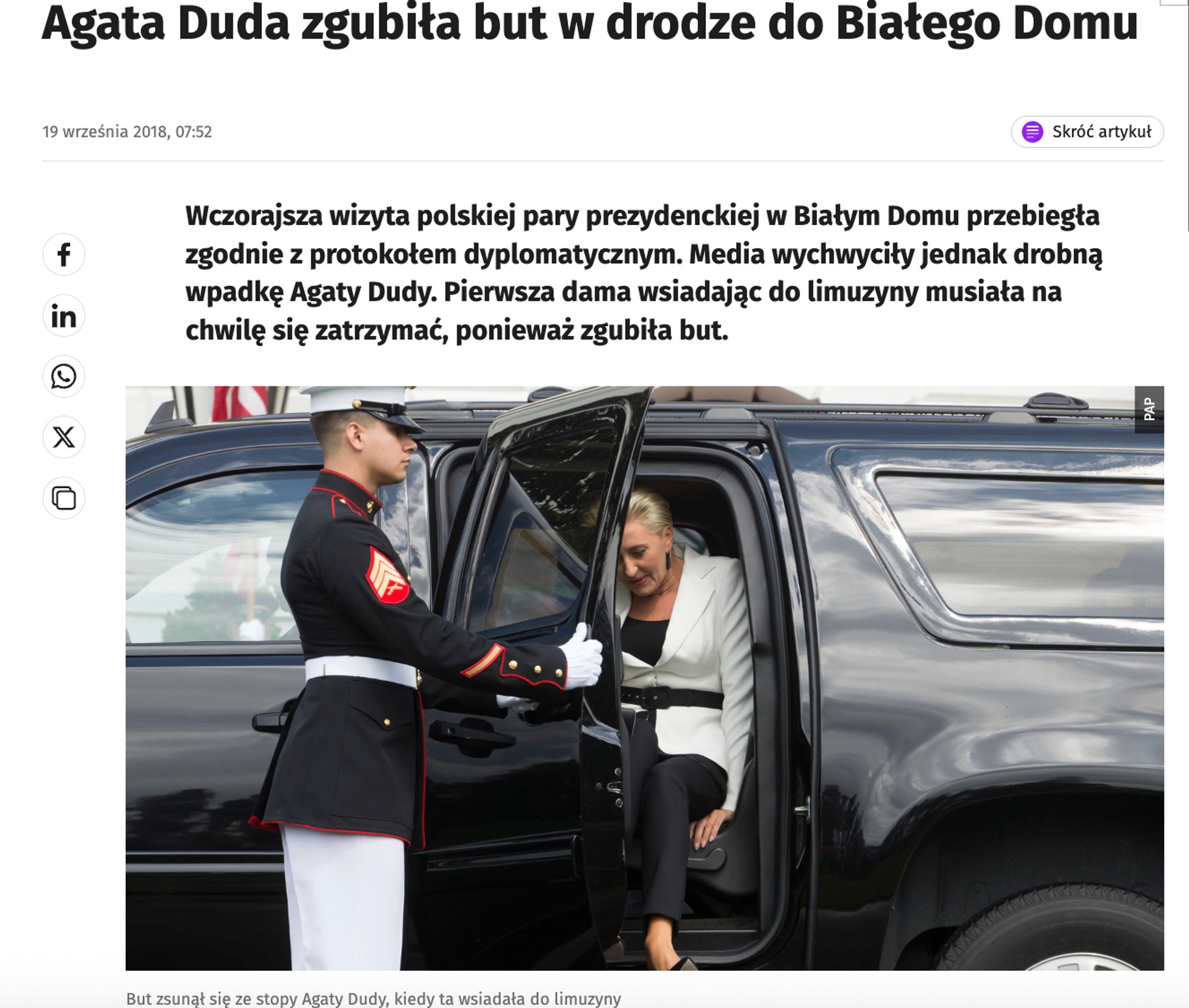 Podczas wizyty w USA prezydent Duda z małżonką nie byli wożenie prezydencką limuzyną, a SUV-em ochrony. O przydzieleniu auta decyduje strona goszcząca.