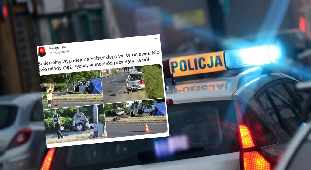 Przerażający wypadek we Wrocławiu. Samochód przecięty na pół [ZDJĘCIA] (fot. screen: Twitter/na_sygnale1)