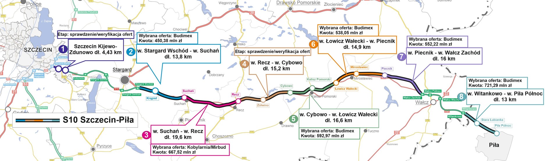 Mapa odcinków S10 wraz z informację o zaawansowaniu przetargów