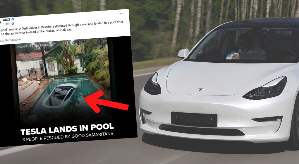 Piękna Tesla wylądowała w basenie (fot. screen z Facebook/ABC7)