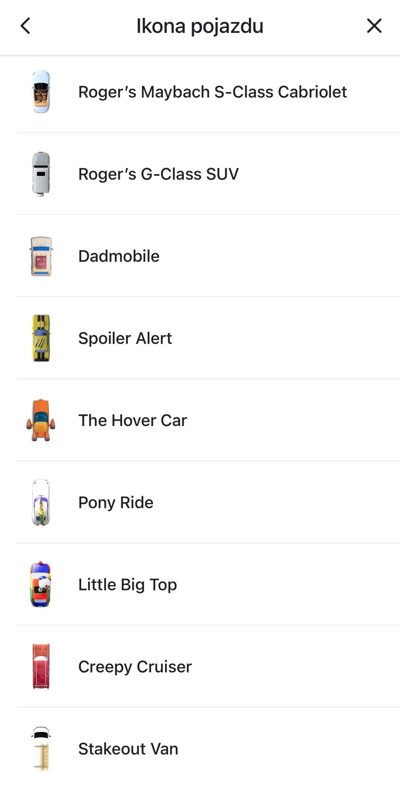 Nawigacja Waze (zrzut ekranowy; fragment menu wyboru znacznika bieżącej lokalizacji)