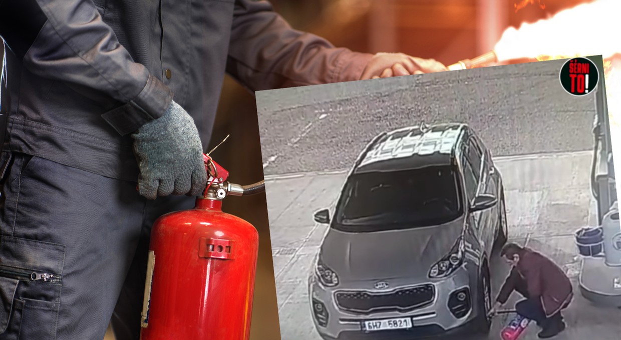 Miał zły dzień. Pomylił gaśnicę z kompresorem, zaczął pompować koło