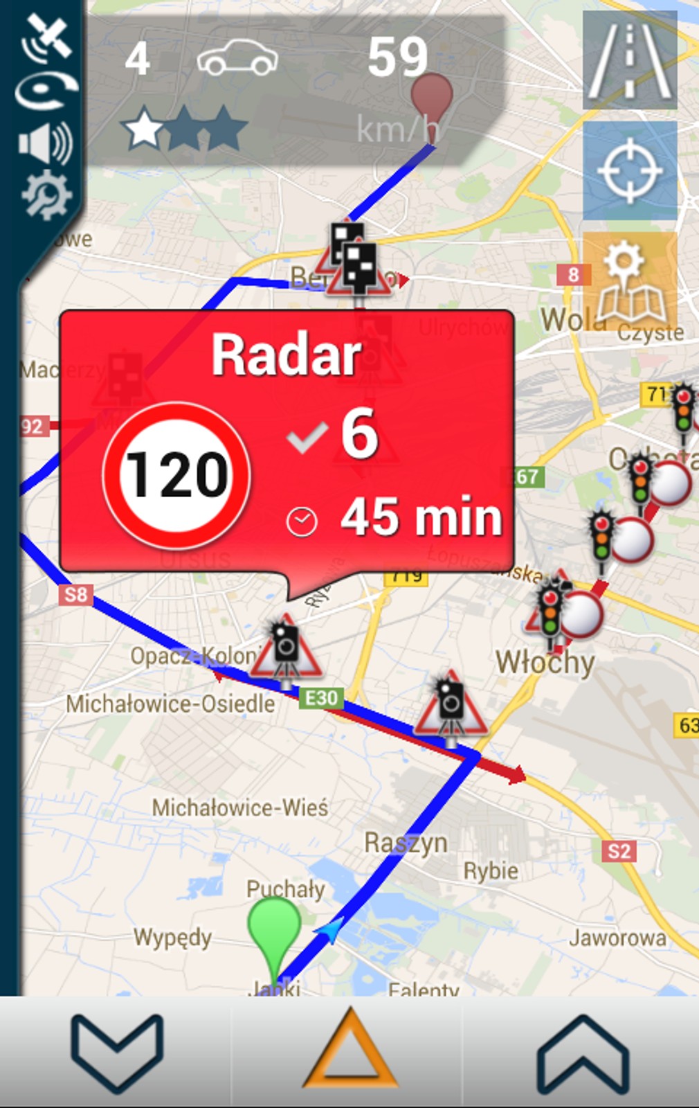 Podgląd mapy Google w iCoyote. Trasa na niebiesko to plan podróży.