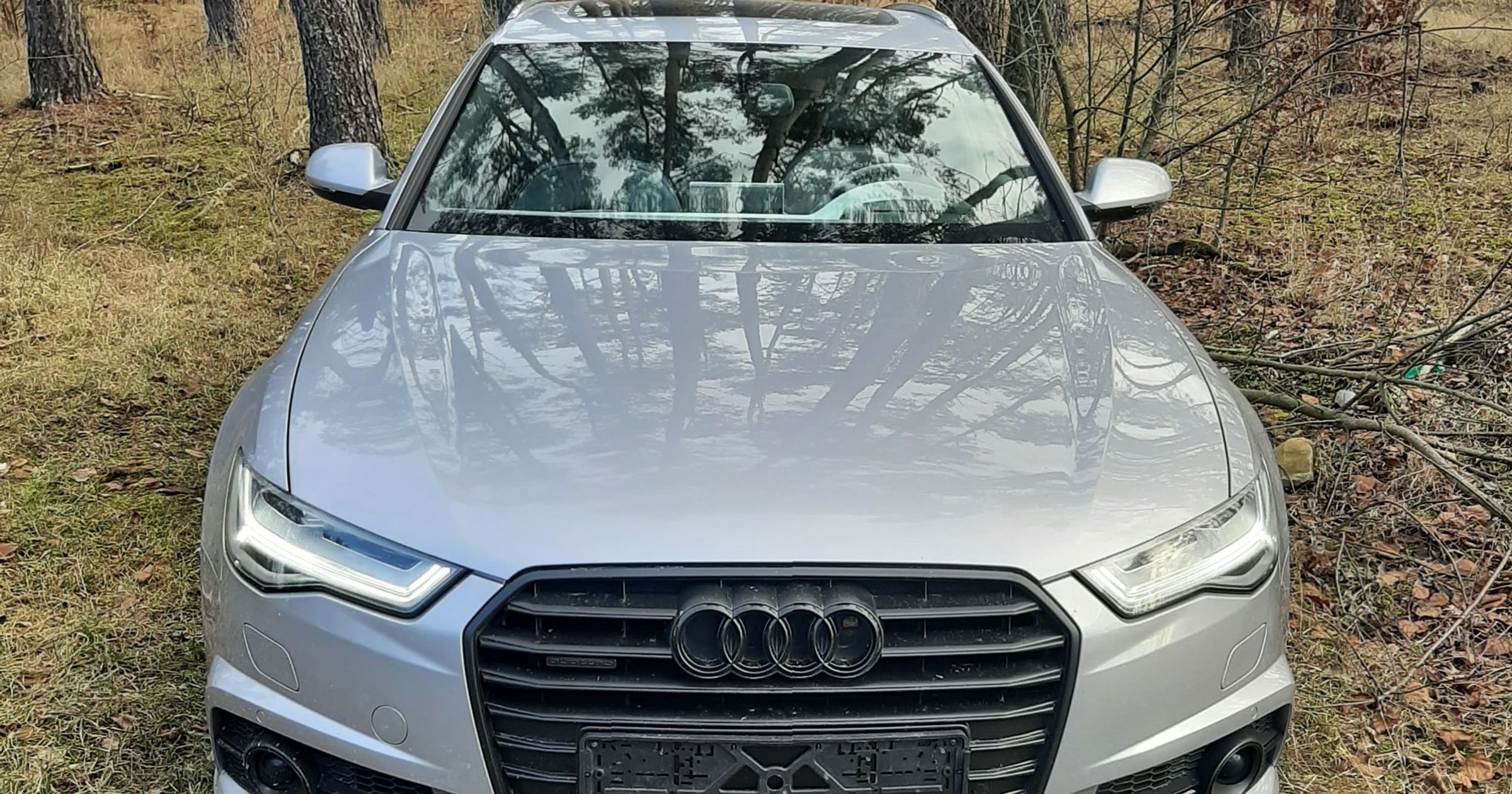 Luksusowe Audi z włączonym silnikiem porzucone w lesie