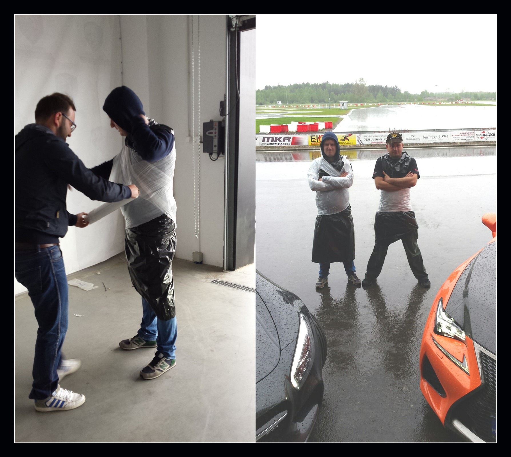 Na pobliskiej stacji paliw zabrakło płaszczy deszczowych. Wystaczyło kupić kilka worków na śmieci, taśmę streczową i ochrona przeciwdeszczowa gotowa!