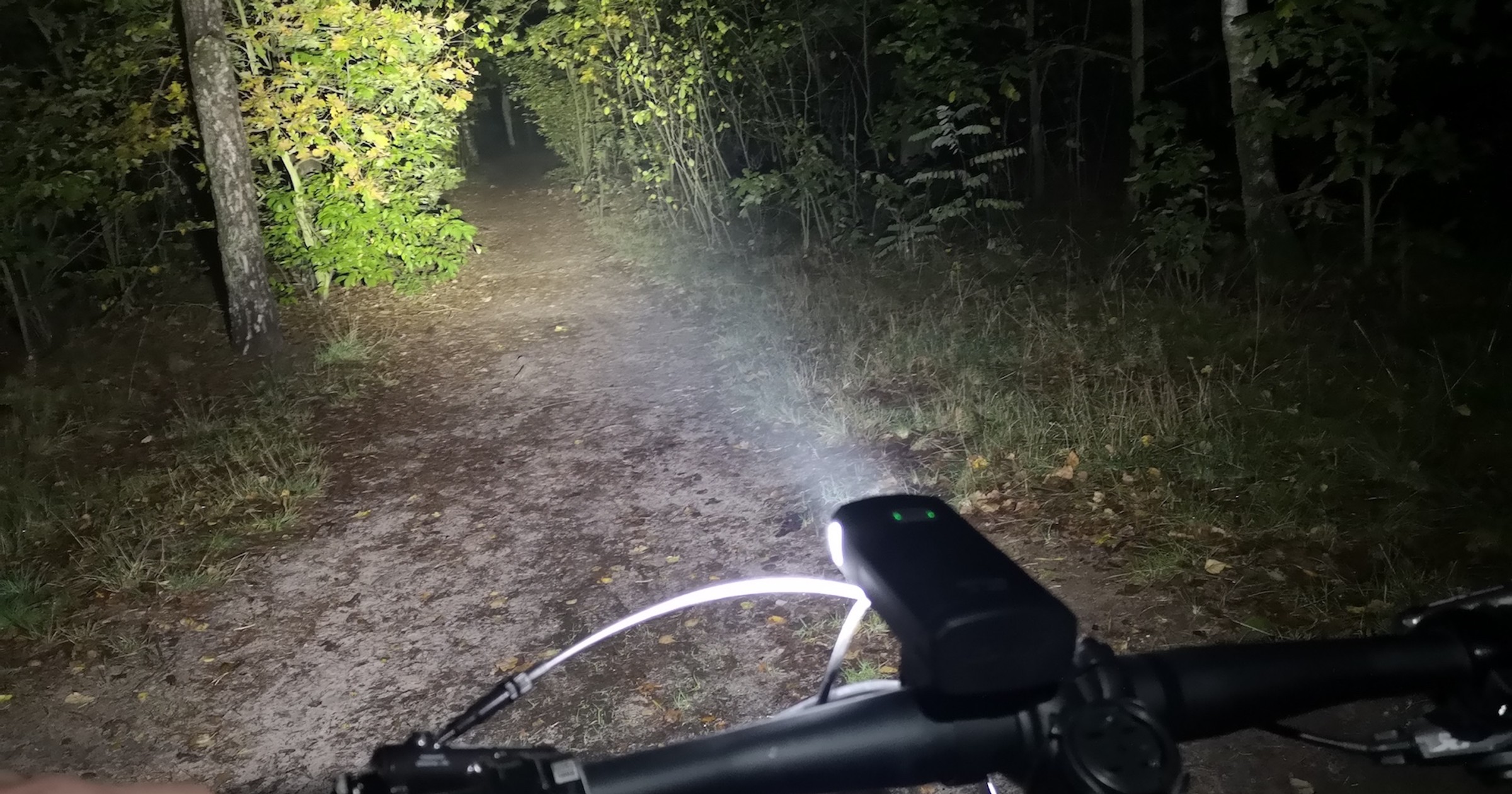 Światło lampki Giant Recon HL 1800 w najmocniejszym trybie: w rzeczywistości wydaje się, że droga oświetlona jest nawet jaśniej; w lesie sprawdza się nawet lepiej tryb „pół mocy”