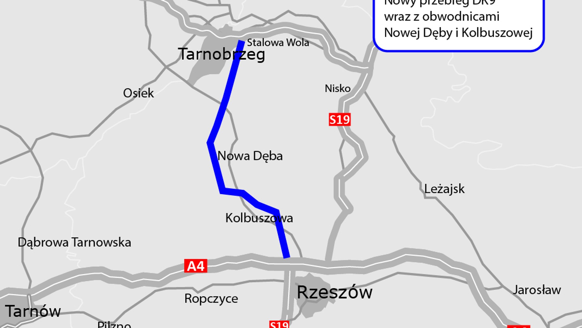 Mapa z zaznaczonym nowym przebiegiem drogi krajowej DK9
