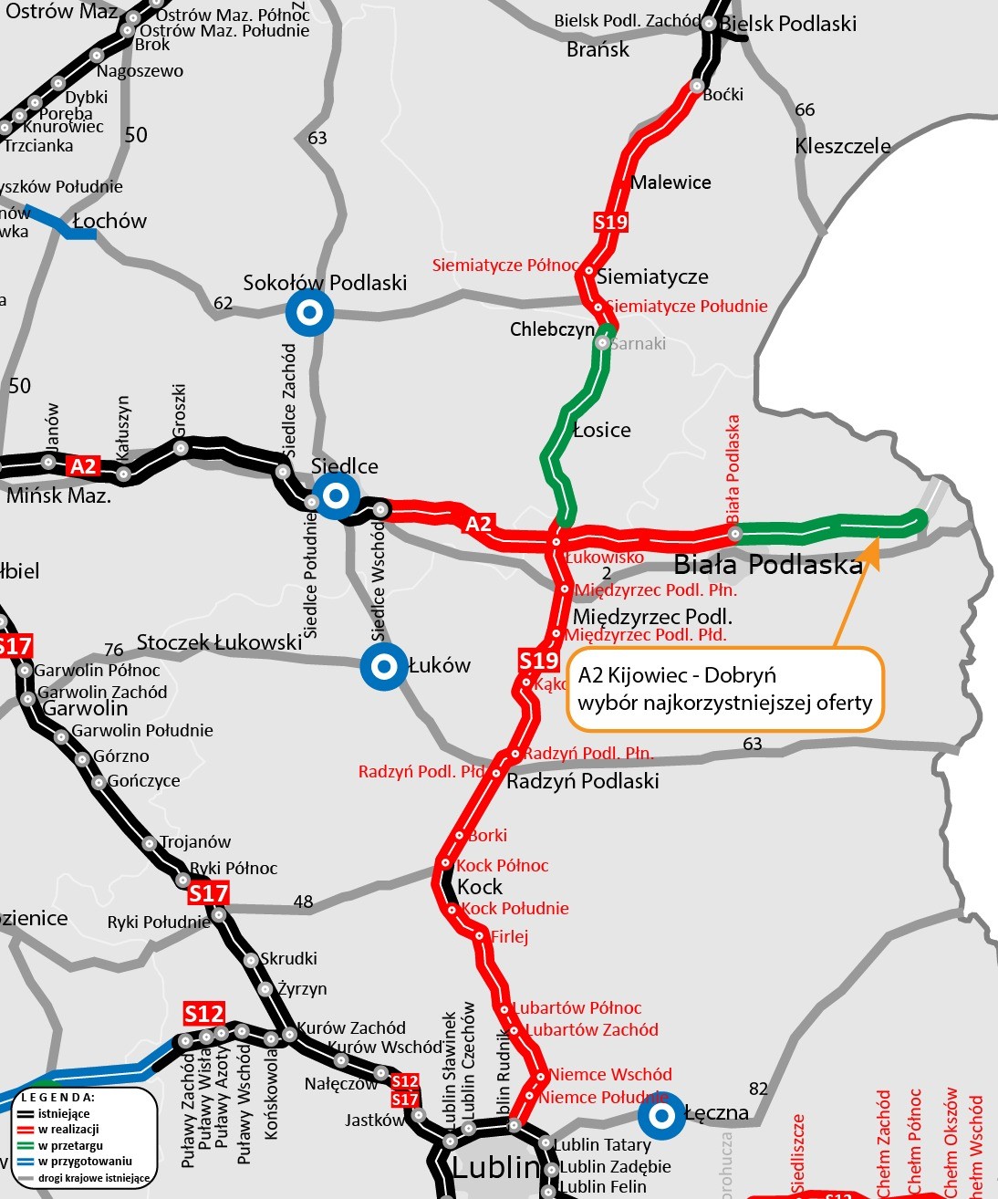 Autostrada A2 - mapa rejonu Lublina z odcinkiem A2 Kijowiec-Dobryń