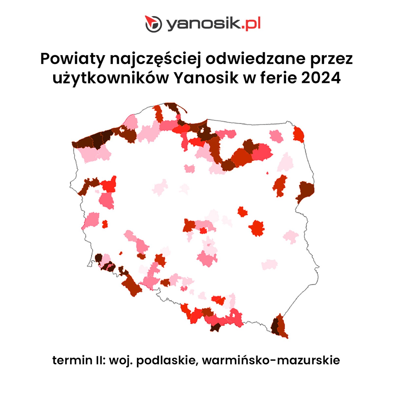 Powiaty najczęściej odwiedzane przez użytkowników Yanosika w ferie zimowe 2024 - 2 turnus