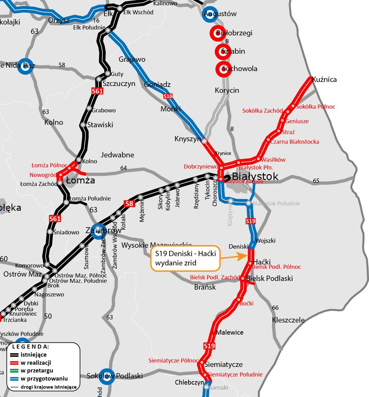 Mapka z zaznaczonym odcinkiem drogi ekspresowej S19 Deniski — Haćki