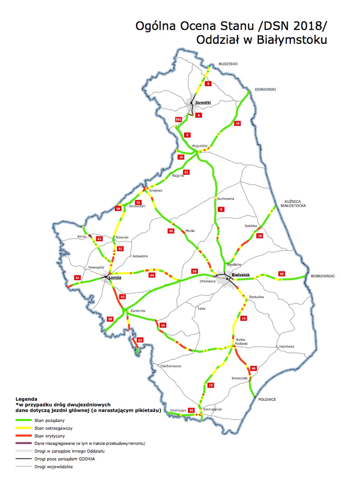 Mapy poglądowe z ogólną oceną stanu technicznego nawierzchni w poszczególnych oddziałach GDDKiA