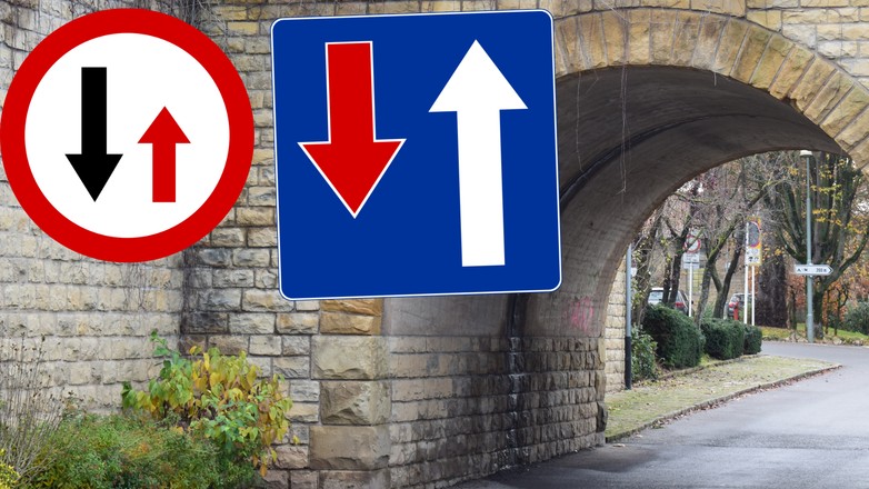 Znaki B-31 i D-5 mówią o zwężeniu drogi. Mylą je nawet doświadczeni kierowcy (fot. gov.pl)