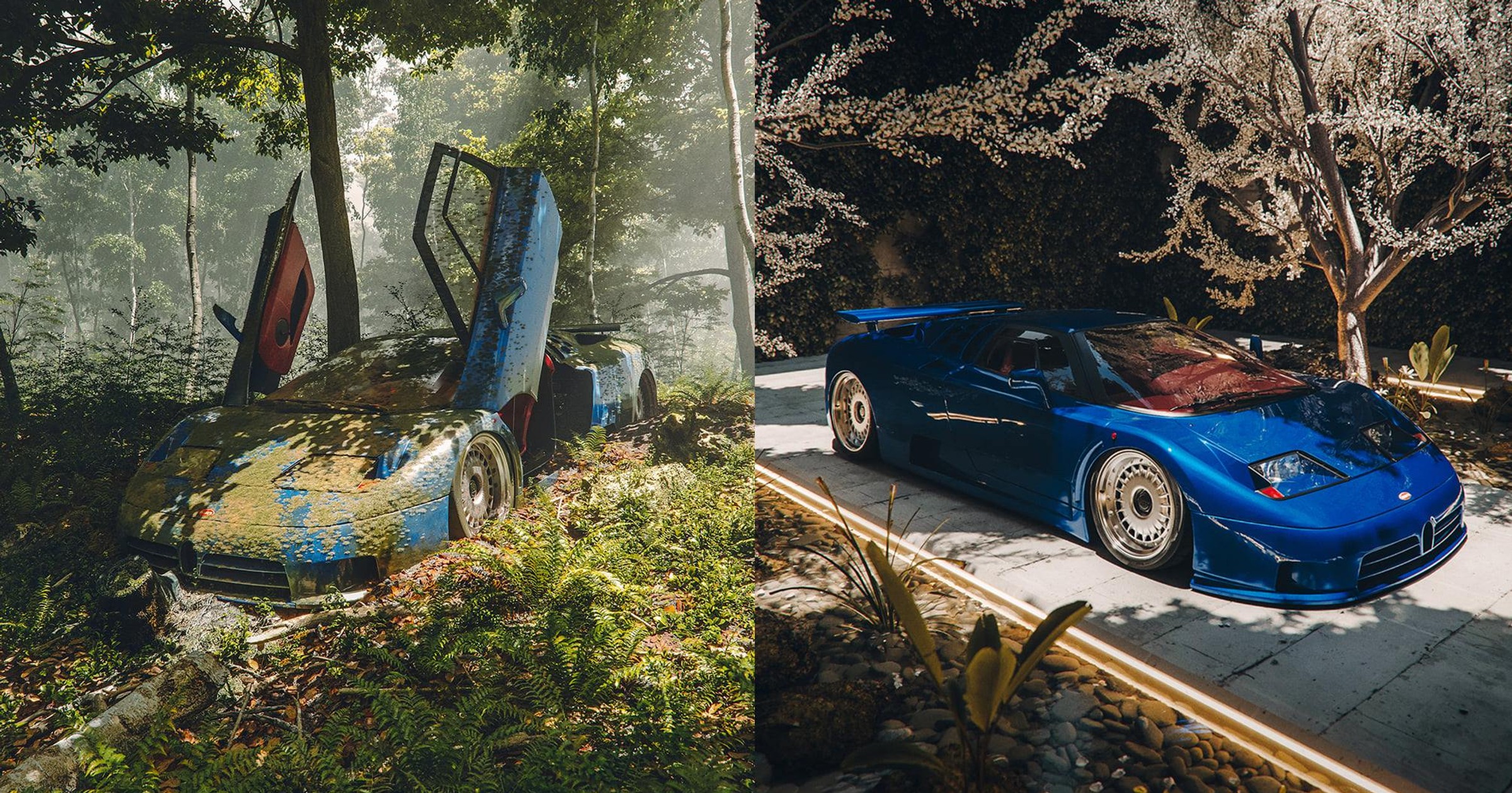 Bugatti EB110 „porzucone” w lesie