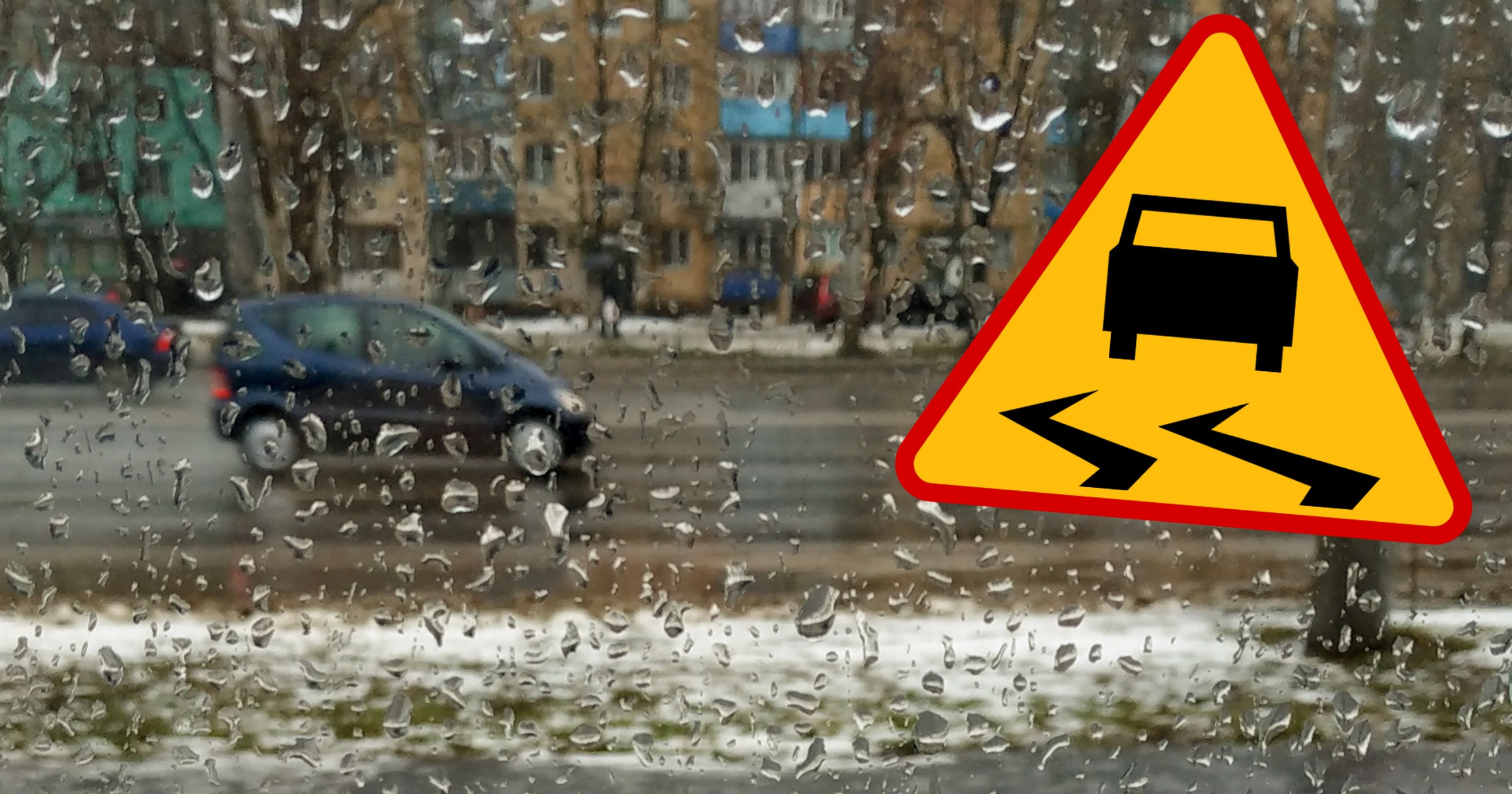 Znak A-15 ostrzega przed możliwością poślizgu spowodowanego np. deszczem (Fot. gov.pl)