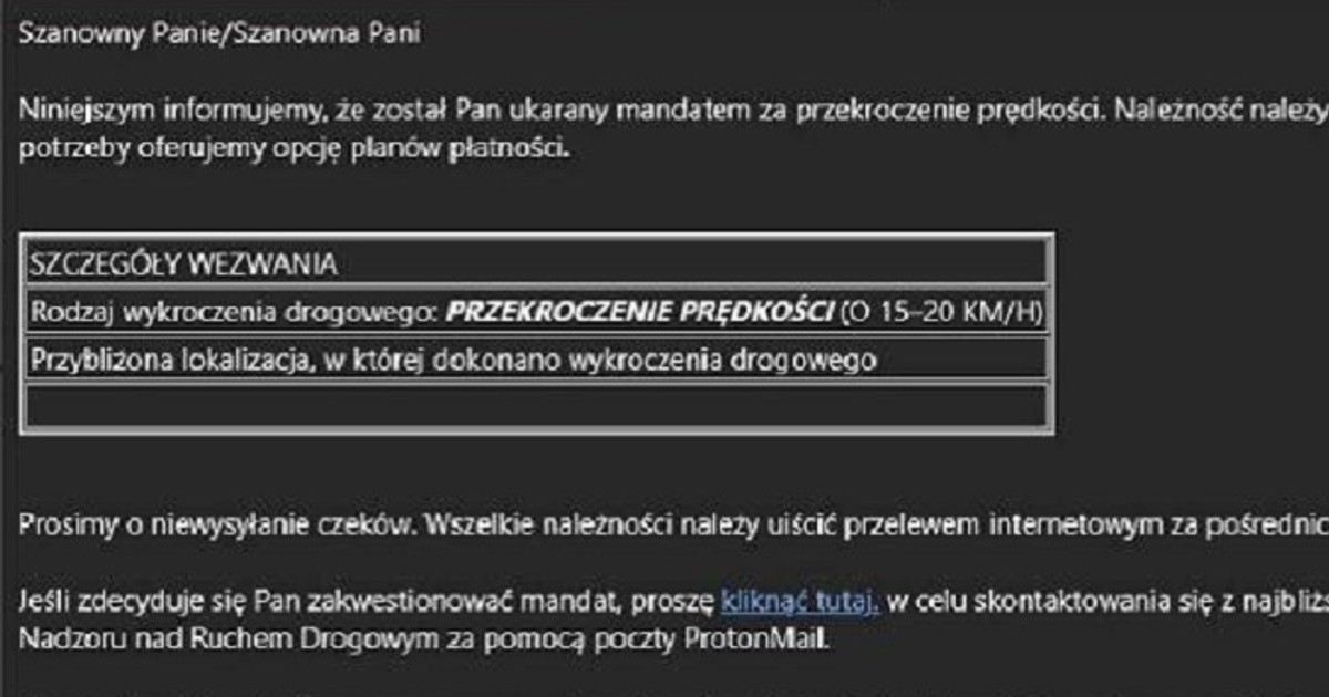 Fałszywy mandat wysłany w formie wiadomości e-mail