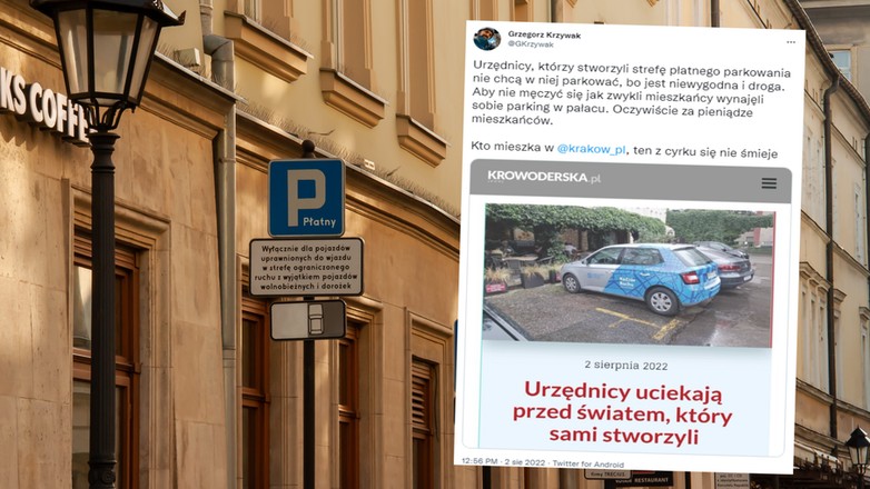 Krakowscy urzędnicy, którzy ograniczają ruch samochodowy w mieście, wynajęli parking w ścisłym centrum (screen: Twitter.com/GKrzywak)