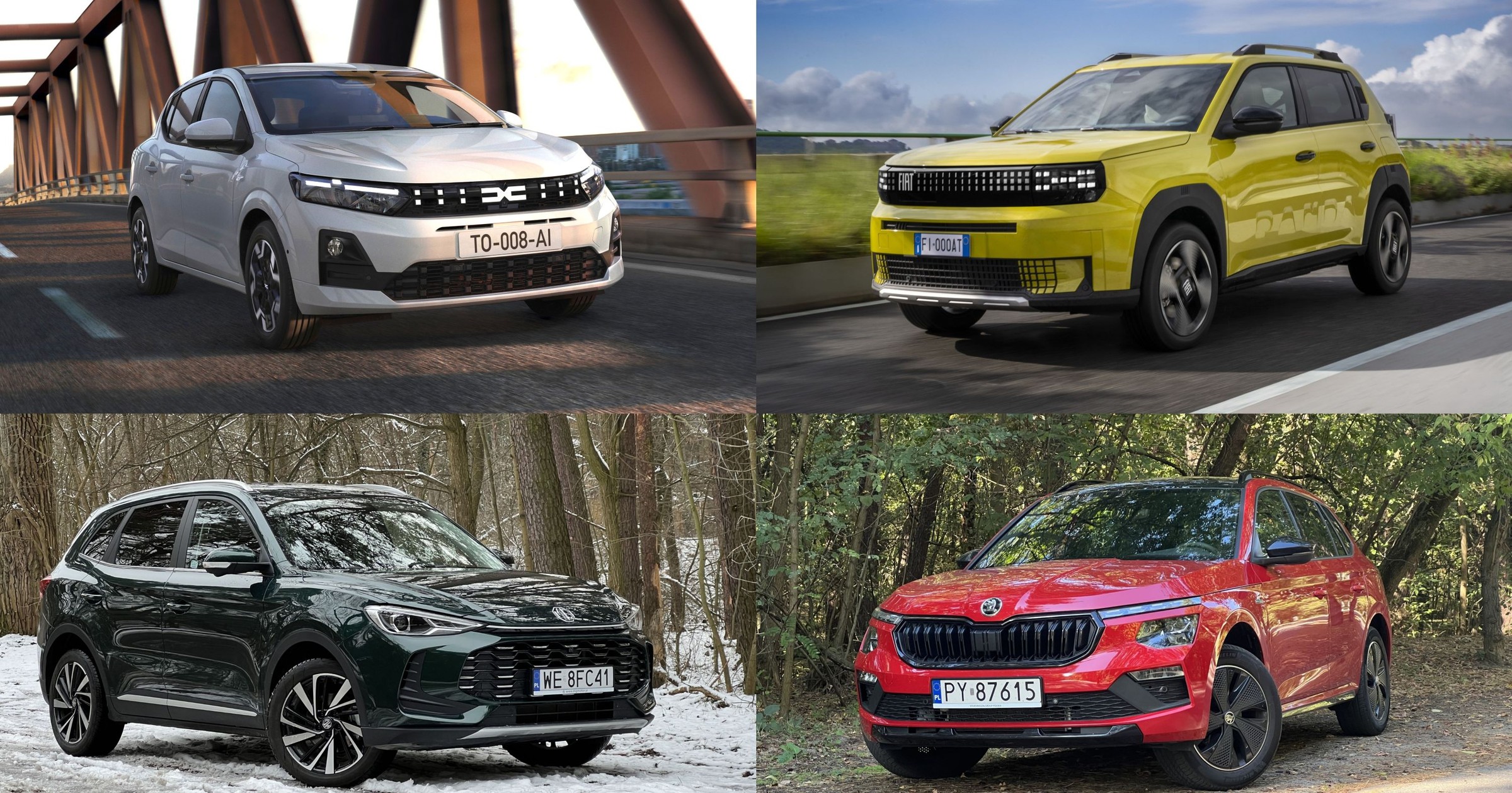 Dacia Sandero, Fiat Grande Panda, Skoda Kamiq, MG ZS (od lewej zgodnie z ruchem wskazówek zegara)