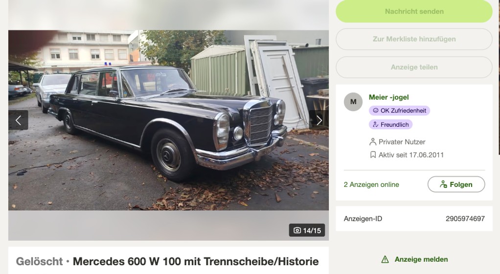 Ogłoszenie o sprzedaży Mercedesa 600 z silnikiem od mercedesa 200d