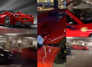 Tiktoker driftował Ferrari po warszawskim parkingu, uderzył  w Forda. Kto zapłaci za szkody?