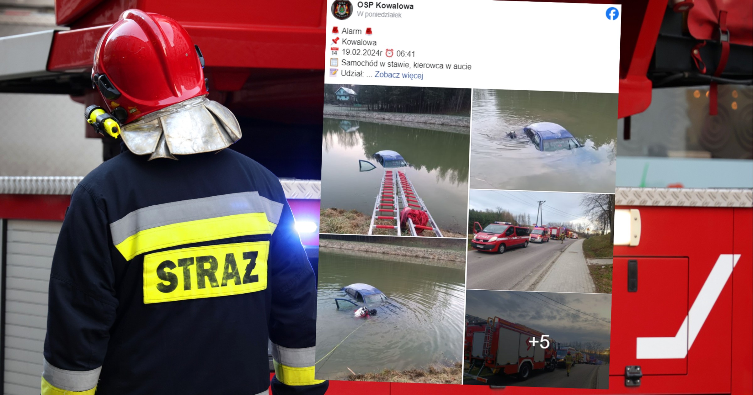 Wjechała autem do stawu. Na miejscu akcja ratunkowa (fot. screen: facebook.com/@OSPKowalowa)