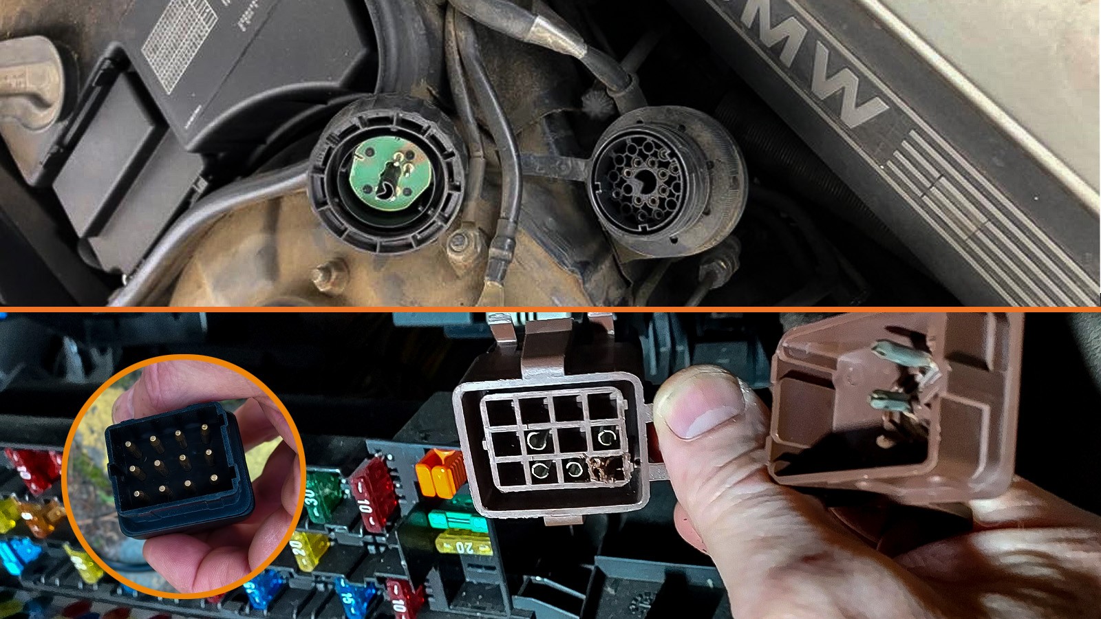 Tak podłączało się urządzenie diagnostyczne do obsługi starych modeli BMW – na foto w serii 7 (740i, E38). Gniazdo diagnostyczne starych Renault i przejściówka pozwalająca połączyć się ze współczesnym Clipem.