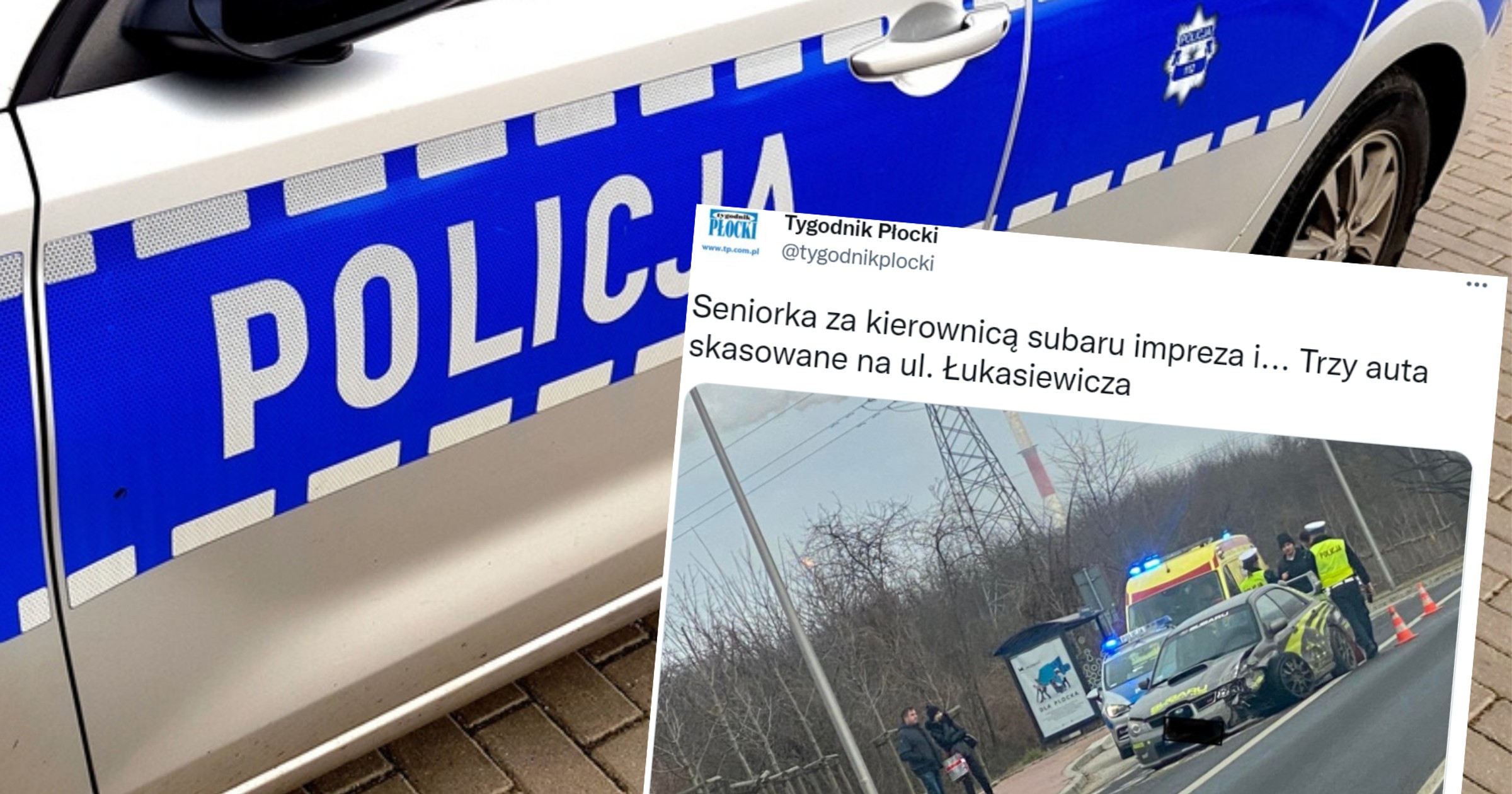 Wypadek w Płocku. Za kierownicą Subaru Impreza 64-latka. Uderzyła w inne auta [WIDEO] (fot. screen: Twitter/tygodnikplocki)