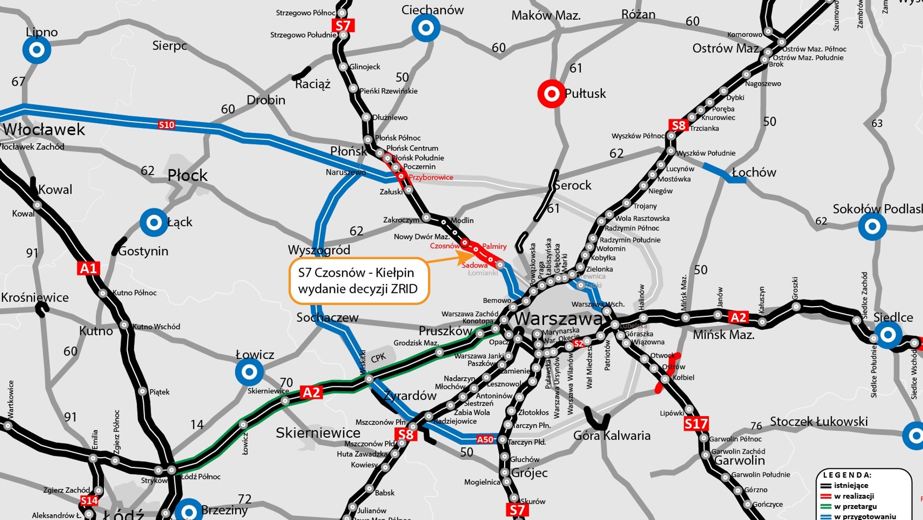 Droga S7 Czosnów - Kiełpin na mapie