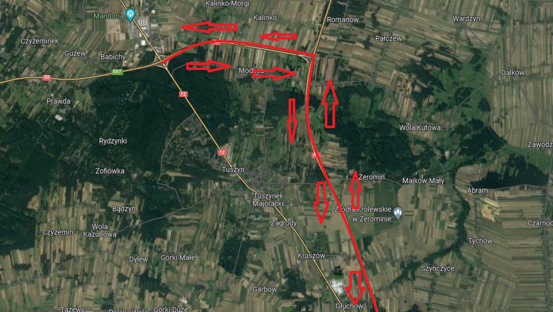 Mapa z sugerowaną trasą objazdu