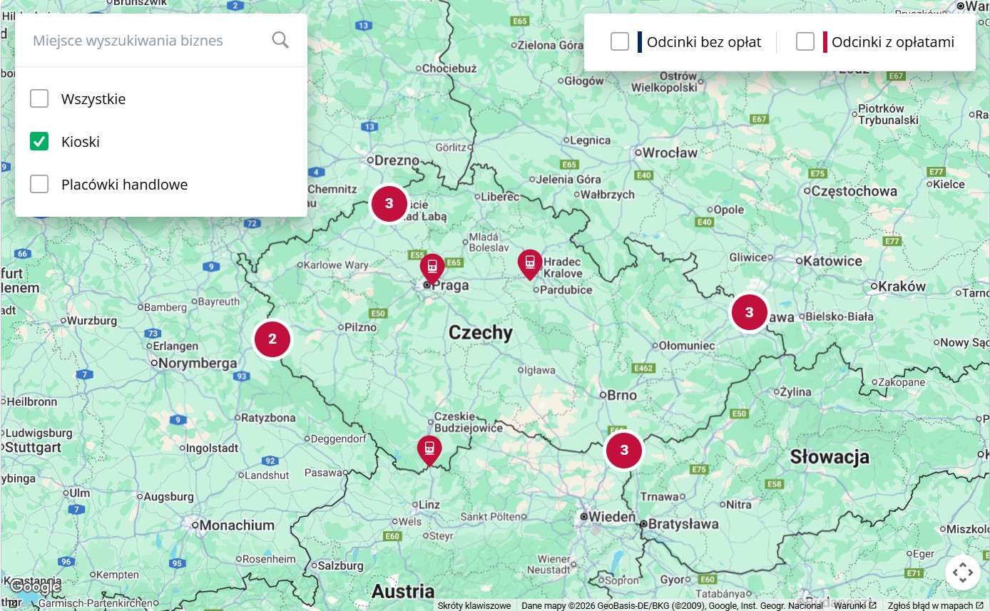 Mapa kiosków samoobsługowych do zakupu winiet w Czechach