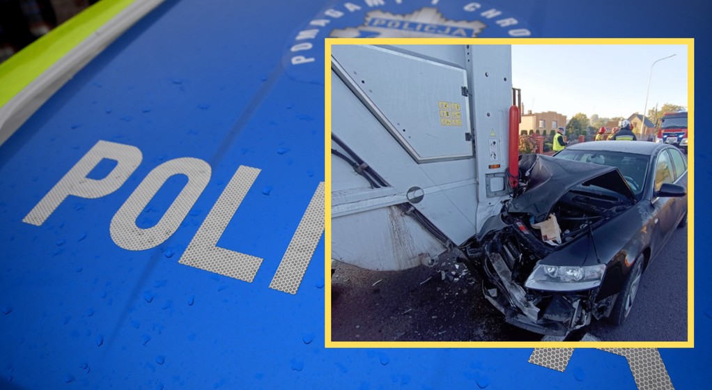 Samochód marki audi uderzył w śmieciarkę (screenshot: facebook.com/OSPCieszkow)