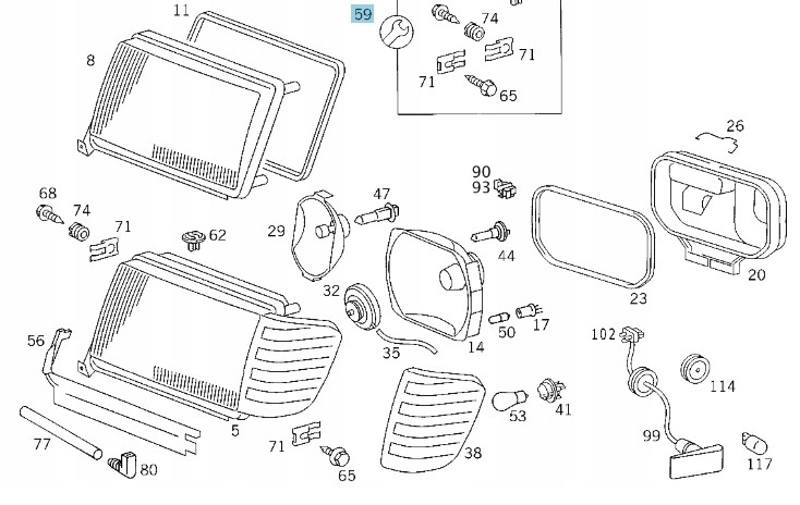 Części zamienne do reflektora Mercedesa W124 (popularny "baleron") z lat 80. i 90.Niemal każdy detal reflektora można było kupić osobno, a wymiana poszczególnych elementów była dziecinnie prosta nawet dla zwykłego majsterkowicza. 