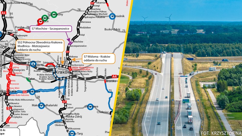 Przebieg tras S7 i S52 - mapa