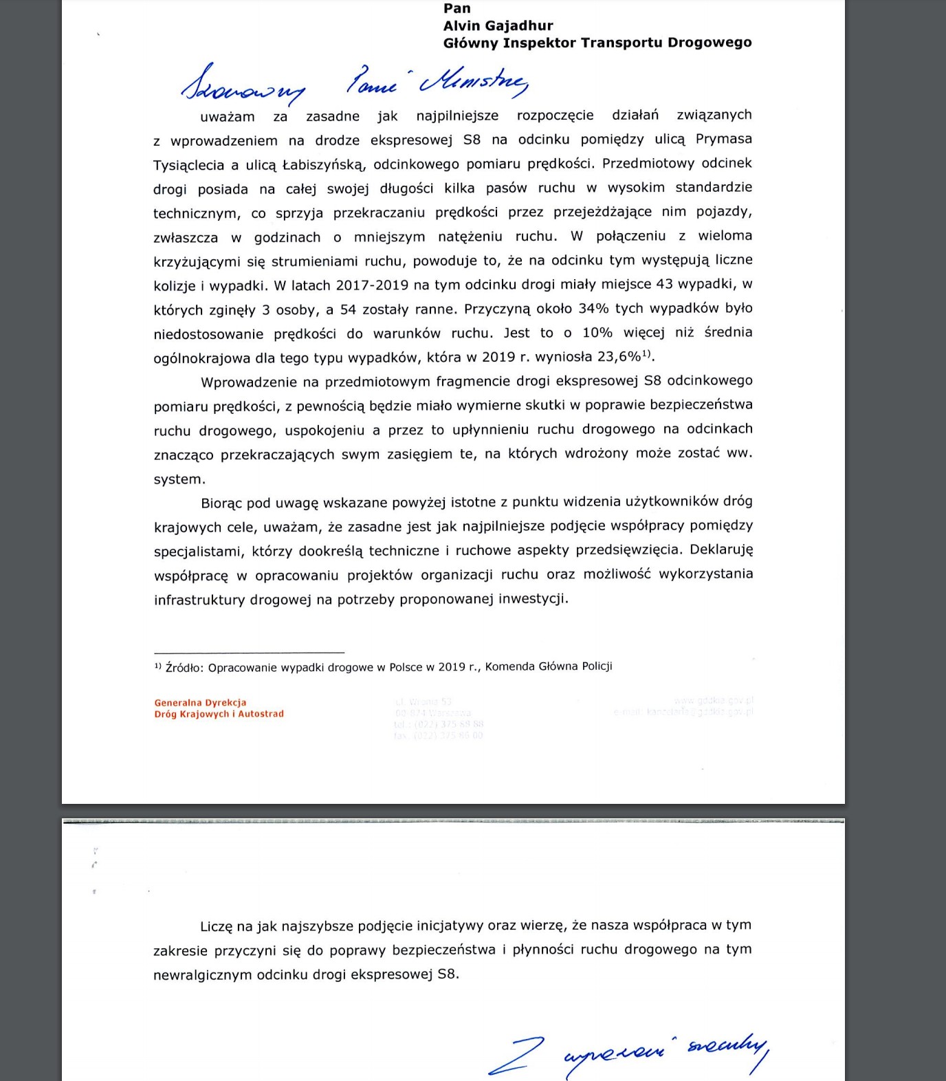 List FDDKiA do GITD w sprawie odcinkowych pomiarów prędkości