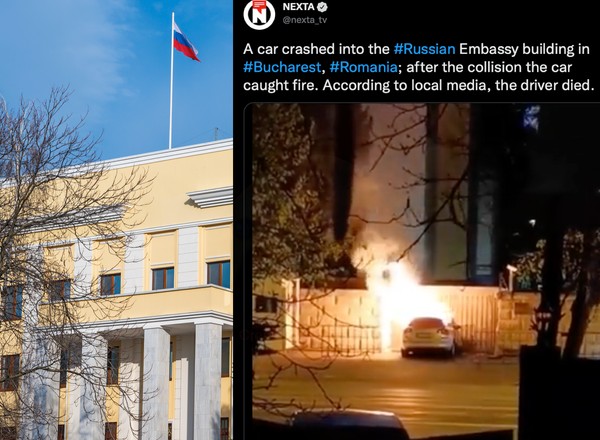 Samochód wjechał w bramę ambasady Rosji. Prowadzący go kierowca zginął [Wideo]