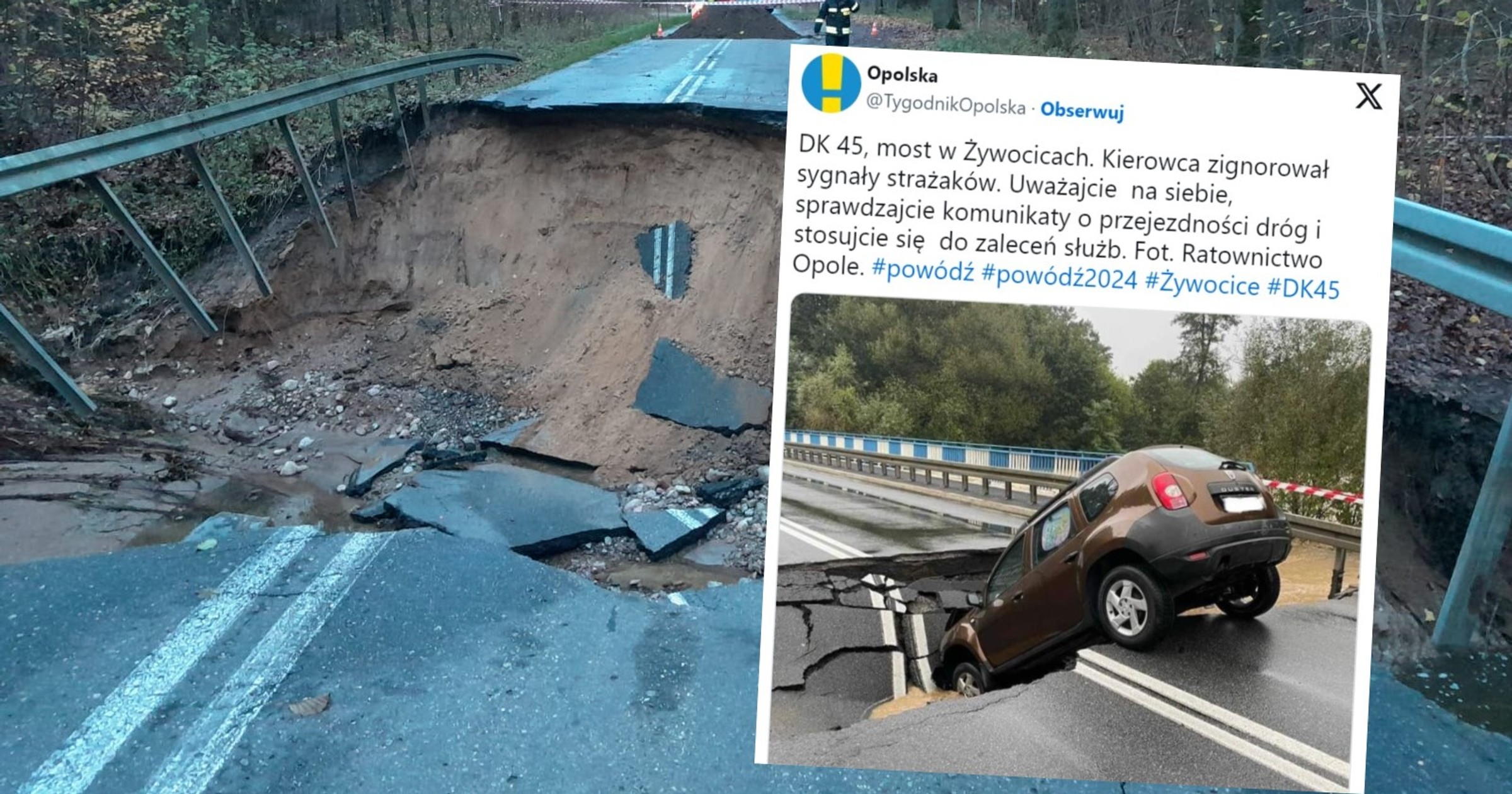 Powódź przerwała most w Żywocicach. Kierowca Dacii Duster zaryzykował