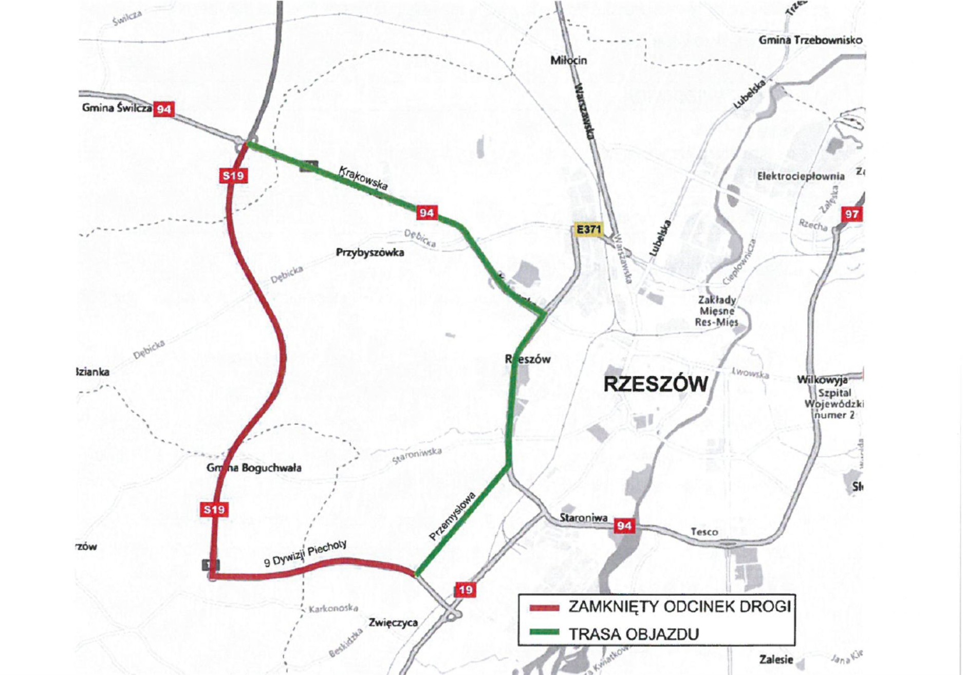 Mapa z wyznaczonym objazdem