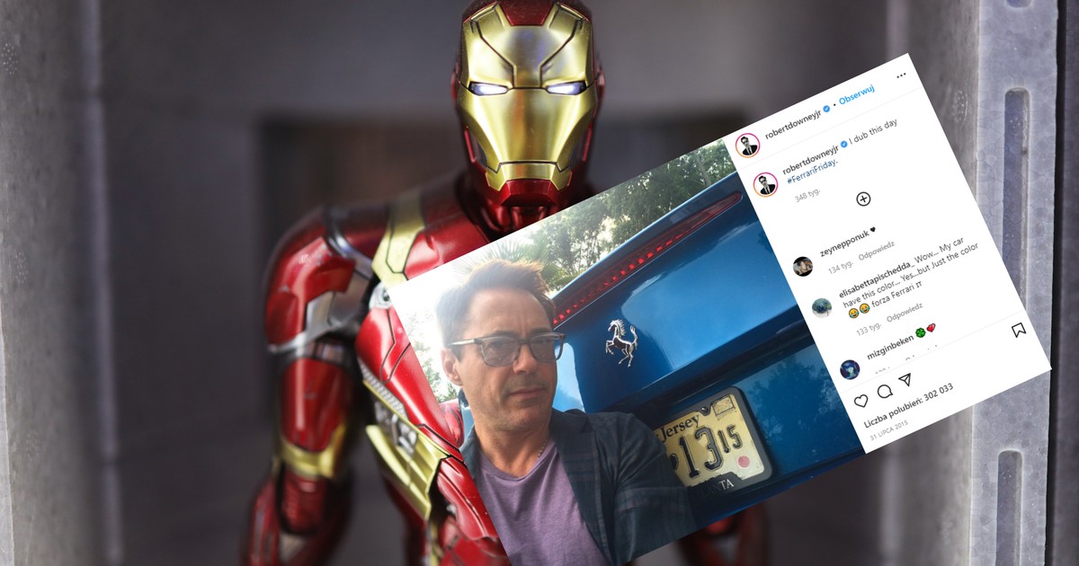 Odgrywający rolę Iron Mana Robert Downey Jr. na tle swojego Ferrari (fot. robertdowneyjr/Instagram)