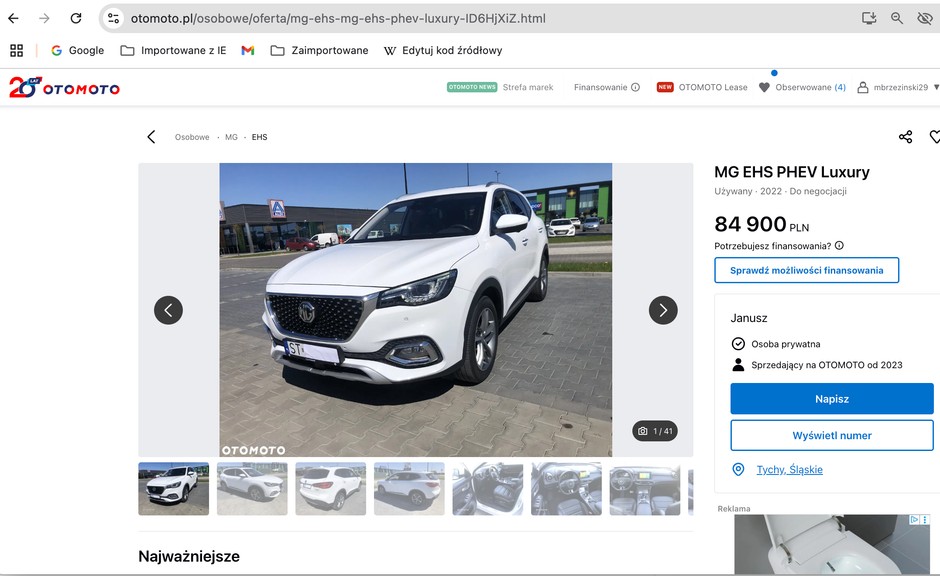 MG HS PHEV z 2022 roku w ogłoszeniu