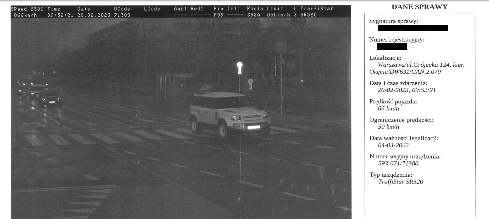 Zdjęcie wykroczenia zarejestrowanego przez fotoradar