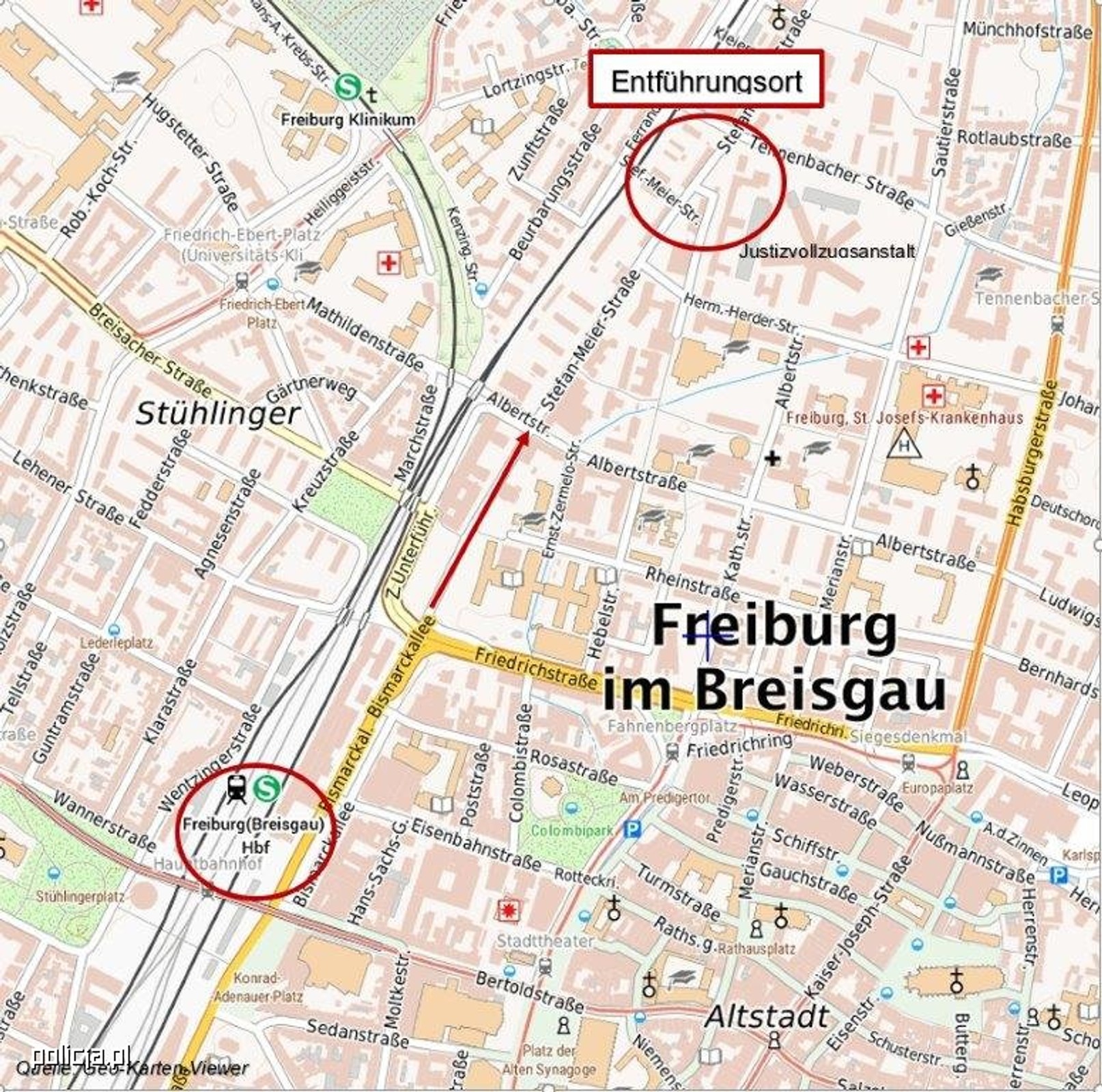 Mapa, na której zaznaczono dworzec i miejsce zdarzenia