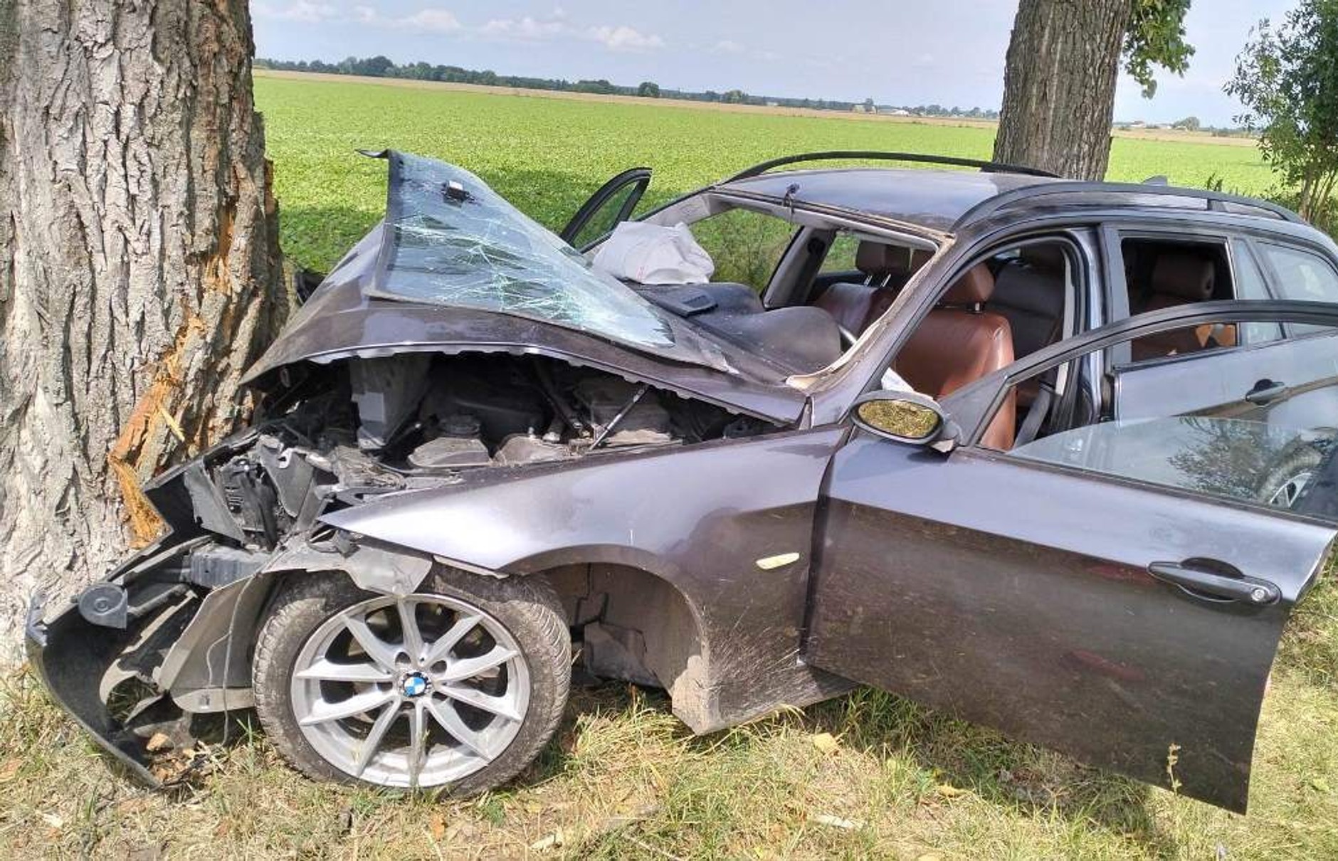 BMW na prostym odcinku drogi zjechało na pobocze i uderzyło w drzewo. Policjanci szukają świadków
