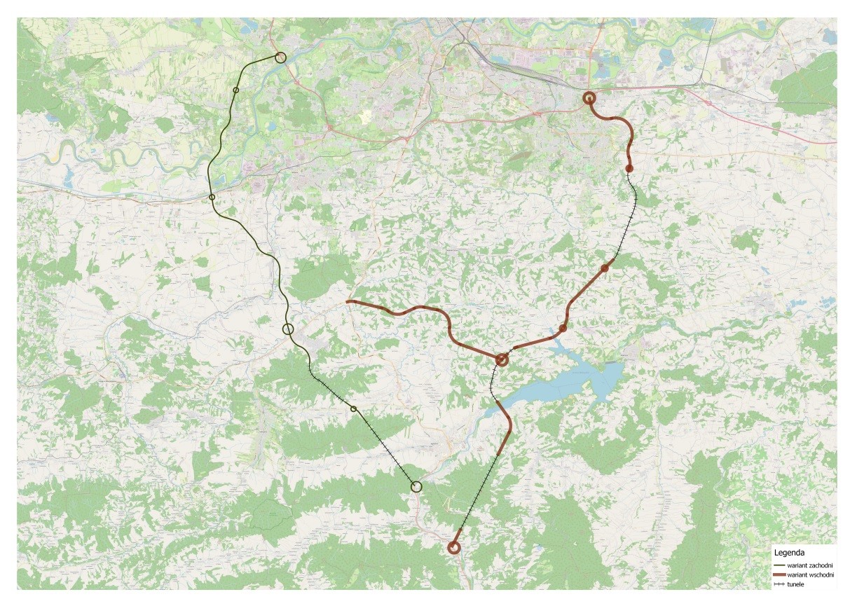 Mapa wariantów nowej zakopianki w pobliżu Krakowa