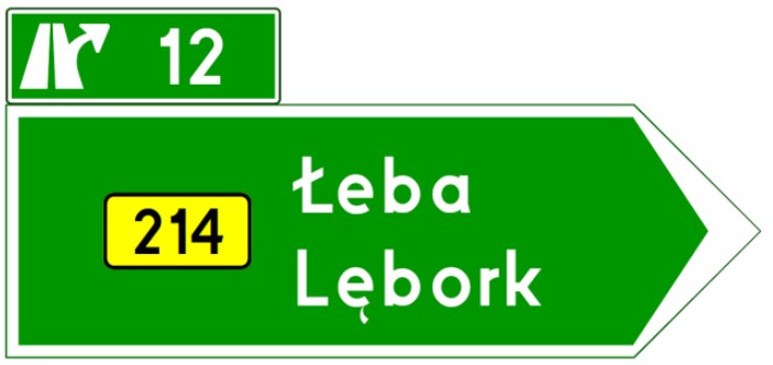 Drogowskaz E-3 ze znakiem E-20a na wyjeździe z drogi ekspresowej prowadzącym na drogę wojewódzką