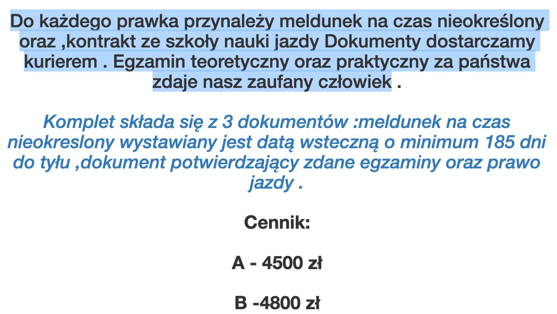 Cennik za "lewe" prawo jazdy znaleziony w Internecie