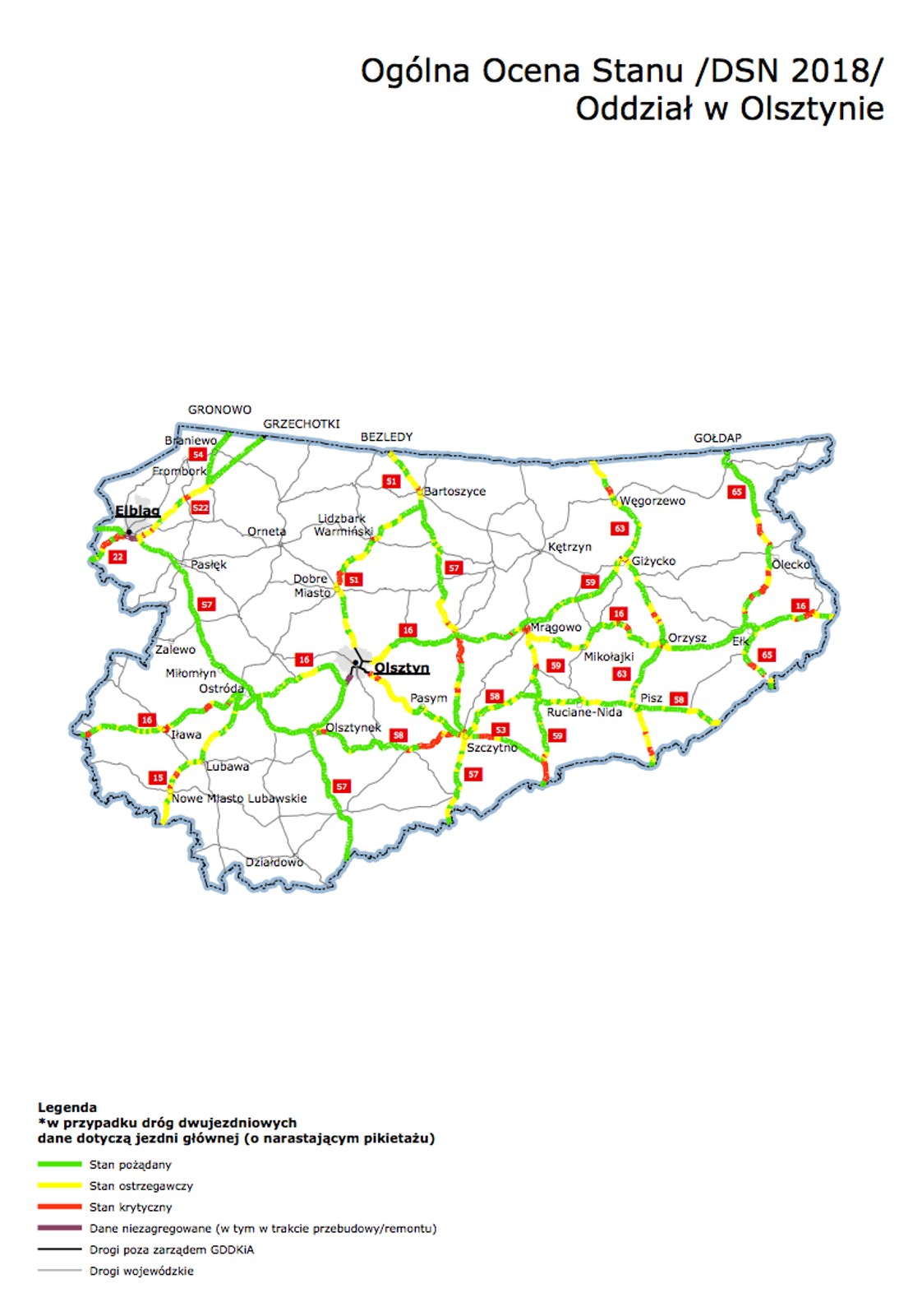 Mapy poglądowe z ogólną oceną stanu technicznego nawierzchni w poszczególnych oddziałach GDDKiA
