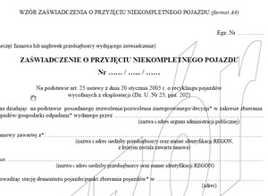 Zaświadczenia o przyjęciu niekompletnego pojazdu